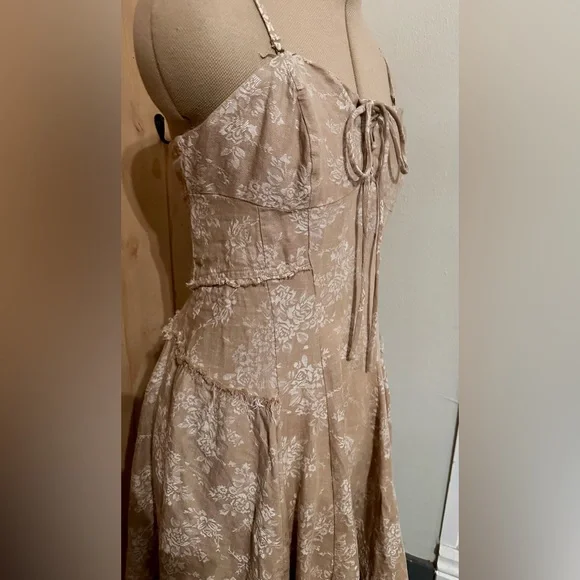 NEW NWT Anthropologie Corset Seamed Mini Cotton Linen Beige Flower Floral Dress - Picture 6 of 12